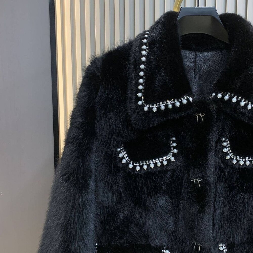 Fur coat with rhinestone trim and bow accents - Picture 3 of 5